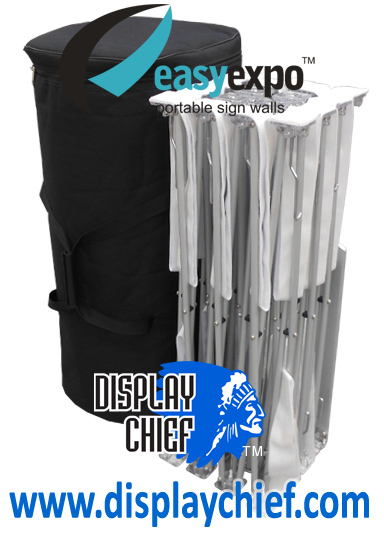 When collapsed, the expandable sign fits neatly into a transport case. Each pop up sign wall display system is compact, lightweight and very strong. The fabric banner tensions and fits onto pop up with hook n loop fittings. Easy.